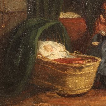 Antique Dutch painting interior scene with children of the 19th century