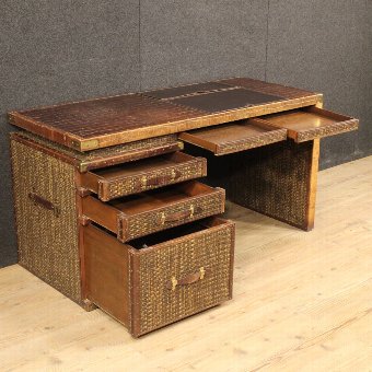 Antique Spanish writing desk in faux crocodile leather and decorated in gilt brass