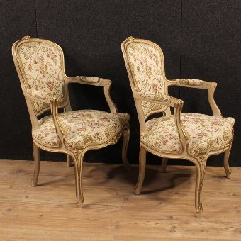 Antique Pair of Italian lacquered and gilded armchairs with floral fabric
