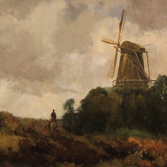 Antique Dutch landscape with windmill painting from 19th century