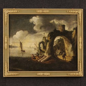 Antique Italian painting seascape with boats and fishermen of the 18th century