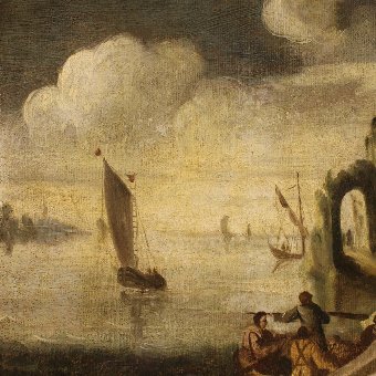 Antique Antique Italian painting seascape with boats and fishermen of the 18th century
