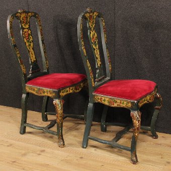 Antique Pair of lacquered and painted Venetian chairs with floral decorations
