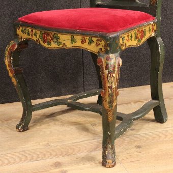 Antique Pair of lacquered and painted Venetian chairs with floral decorations