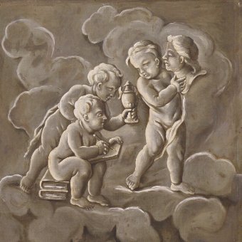 Antique French painting Allegory of sculpture with little angels from 19th century
