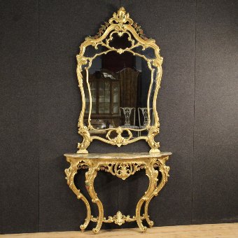 French golden console table with mirror with marble top