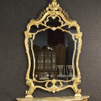 Antique French golden console table with mirror with marble top