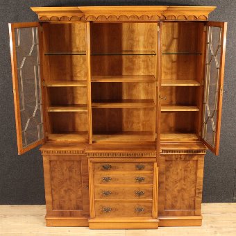 Antique Great English bookcase in walnut, burl and beech