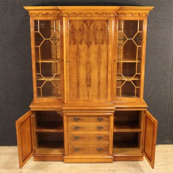 Antique Great English bookcase in walnut, burl and beech
