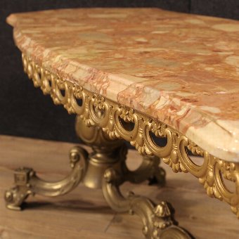 Antique French coffee table in gilt metal with marble top