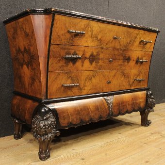 Antique Italian dresser in Art Déco style in walnut and burr walnut