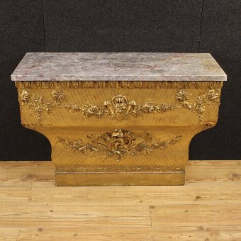 Antique Spanish golden console table with marble top of the 19th century