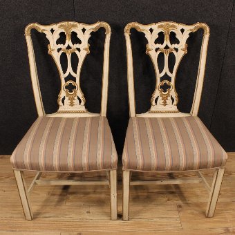 Antique Pair of lacquered and gilded Italian chairs with striped fabric