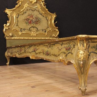 Antique Venetian lacquered, gilded and hand painted bed