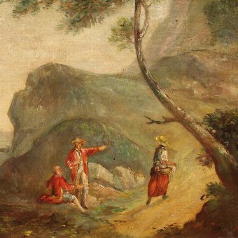 Antique French painting depicting landscape with characters