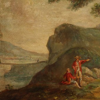 Antique French painting depicting landscape with characters