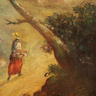 Antique French painting depicting landscape with characters