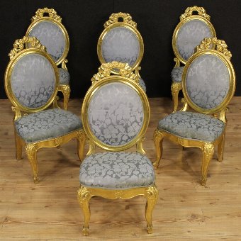 Antique Group of six Italian gilt chairs with floral fabric