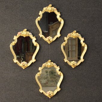 Four small Italian lacquered, painted and gilded mirrors