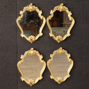 Antique Four small Italian lacquered, painted and gilded mirrors