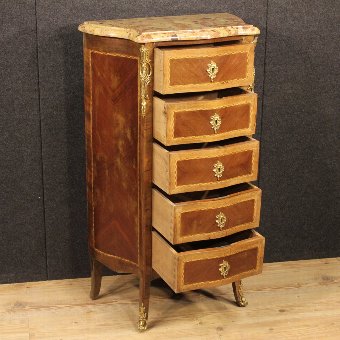 Antique French inlaid chest of drawers with marble top