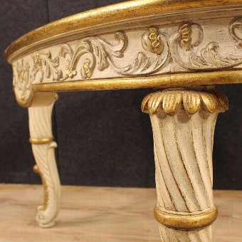 Antique Italian coffee table in lacquered and gilded wood with glass top