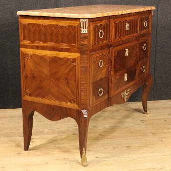 Antique French inlaid dresser with marble top in Transition Style