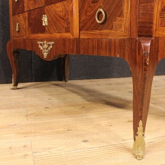 Antique French inlaid dresser with marble top in Transition Style