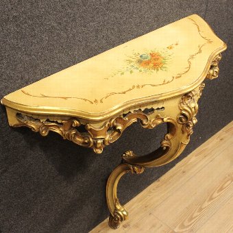 Antique Venetian lacquered, gilded and painted console table with floral decorations