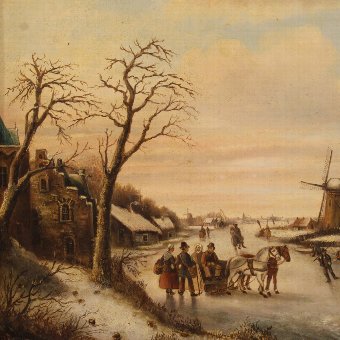 Antique Antique Flemish painting depicting winter landscape of the 19th century