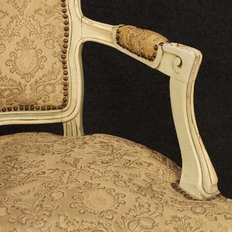 Antique Pair of lacquered and gilded Italian armchairs with damask fabric