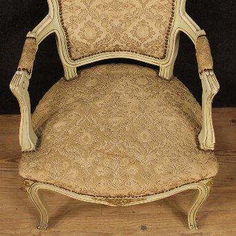 Antique Pair of lacquered and gilded Italian armchairs with damask fabric