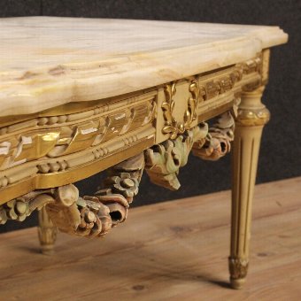 Antique Italian lacquered and gilded coffee table with onyx top 