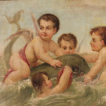 Antique French oil painting on canvas Cherubs playing with a mythological dolphin