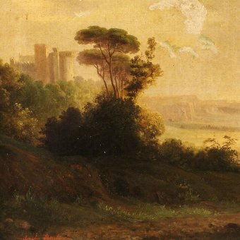 Antique Antique painting Landscape with castle and knight from 19th century