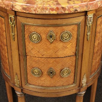 Antique Small French inlaid demi lune commode with marble top 