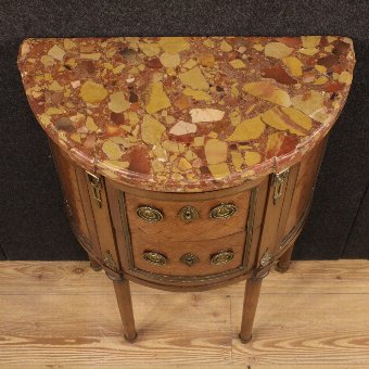 Antique Small French inlaid demi lune commode with marble top 