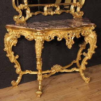 Antique Italian golden console table with mirror in Louis XV style