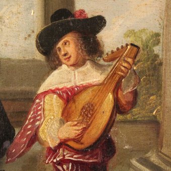 Antique Antique French painting gallant scene with musician from 19th century