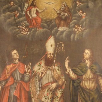 Antique Antique French painting Adoration of Saints with little angels from 18th-century
