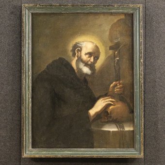 Antique Italian religious painting Friar with crucified Christ from 18th century