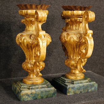 Antique Pair of Italian candlesticks in lacquered and golden wood