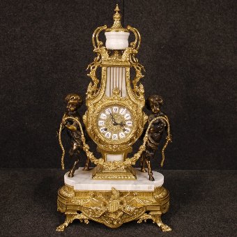 Antique Triptych clock with candlesticks in marble and bronze