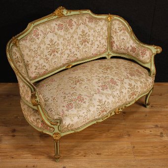 Antique Venetian lacquered and gilt sofa with floral fabric