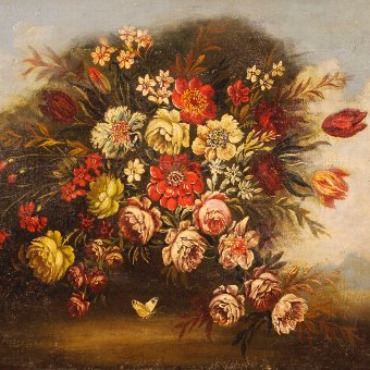 Antique Italian painting still life with flowers from the early 20th century