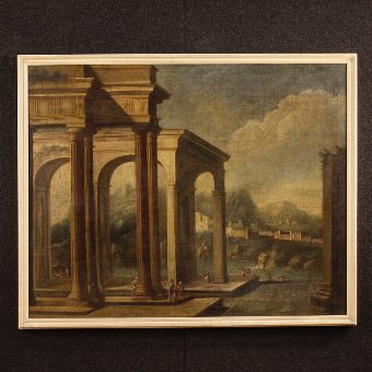 Antique Italian painting Architectural landscape of the 18th century