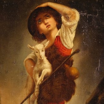 Antique Antique French painting Shepherd boy with goat of the 19th century