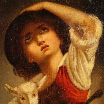 Antique Antique French painting Shepherd boy with goat of the 19th century