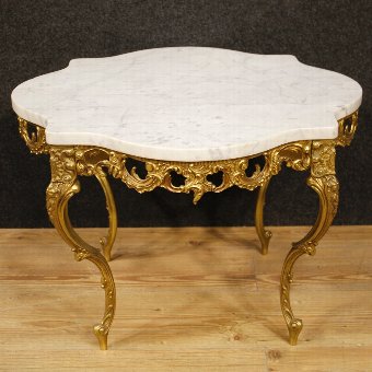 Antique Dutch coffee table in gilt metal with marble top