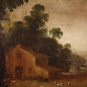 Antique Antique French painting landscape with figures of the 18th century